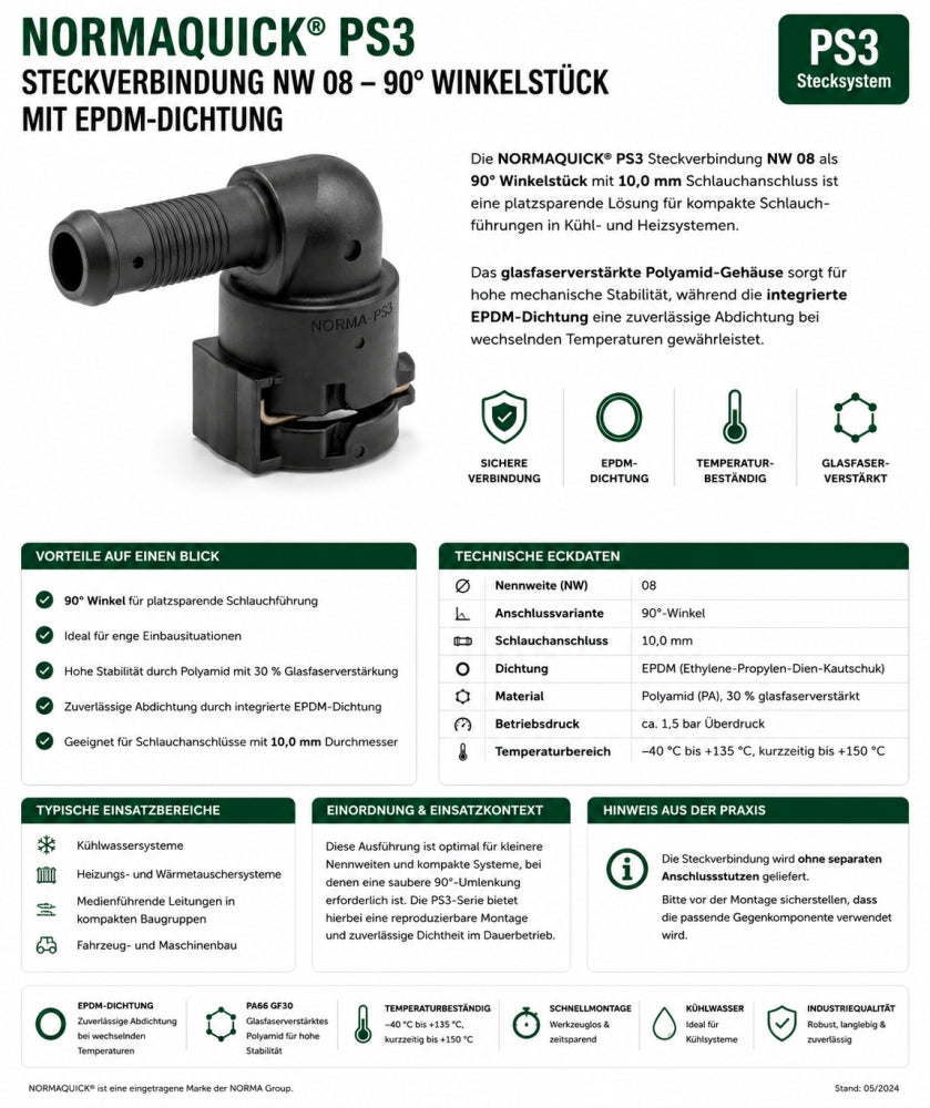 NORMAQUICK PS3 Steckverbindung NW 08-10-90° EPDM
