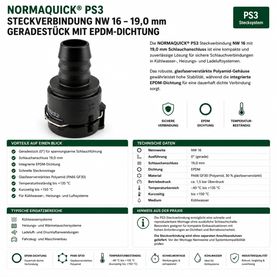 NORMAQUICK PS3 Steckverbindung NW 16-19-0° EPDM Geradestück