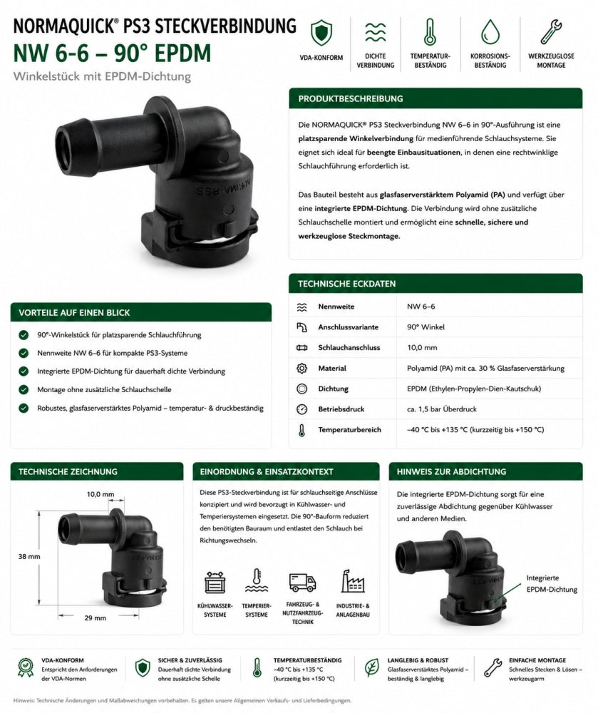 NORMAQUICK PS3 Steckverbindung NW 6-6-90° EPDM