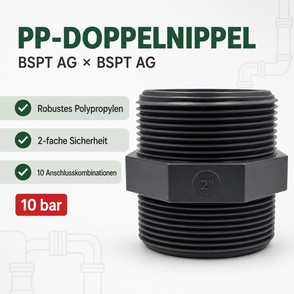 PP-Doppelnippel BSPT AG x AG – 10 bar