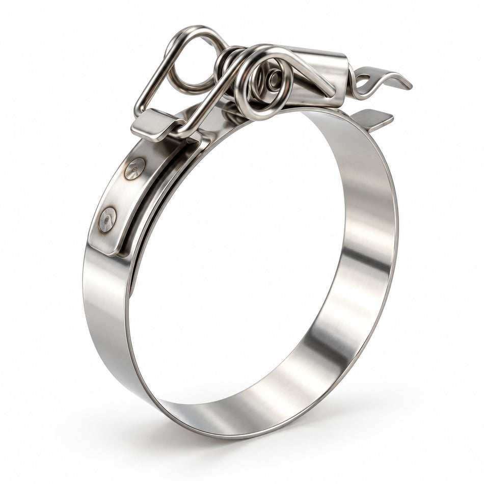 Geschlossene Schnellverschluss Spannschelle aus Edelstahl mit Federbügel und 20 mm breitem Band