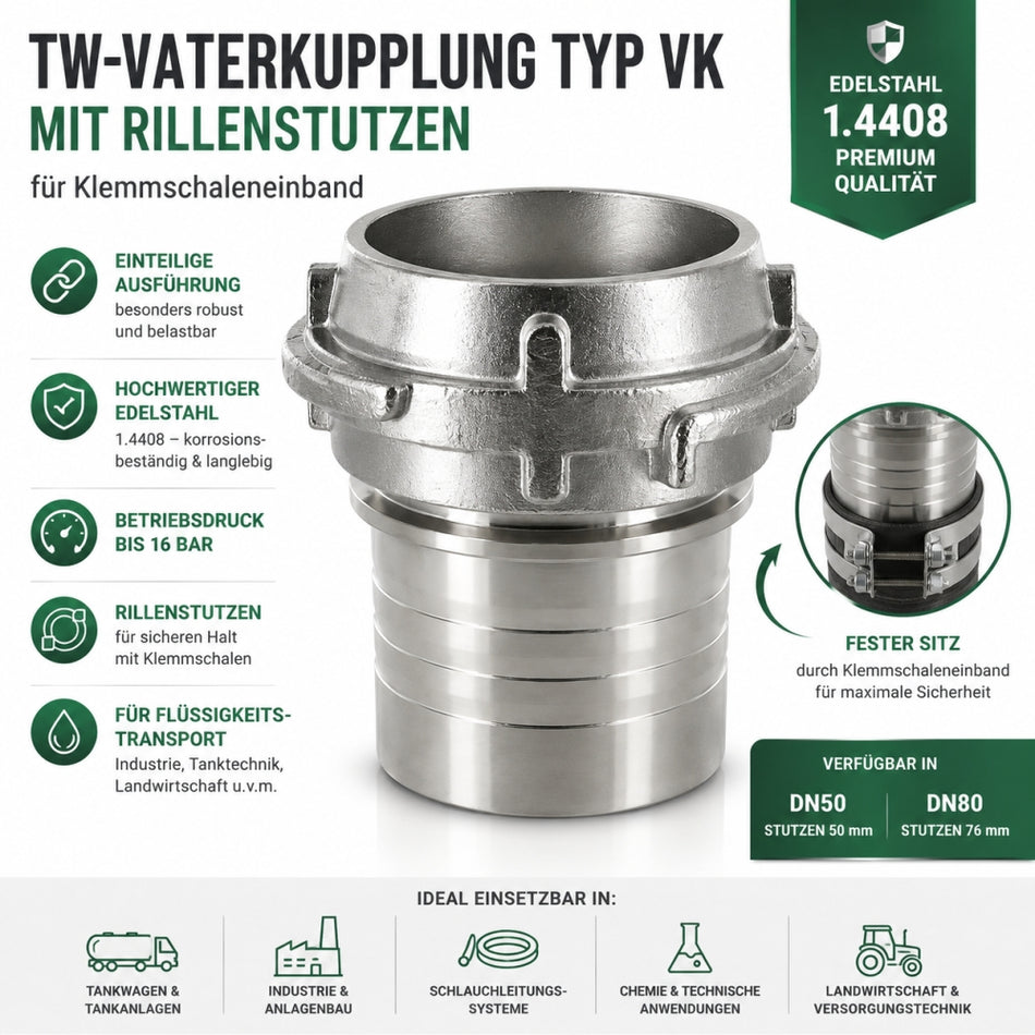 TW-Vaterkupplung Typ VK mit Rillenstutzen für Klemmschaleneinband Edelstahl 1.4408