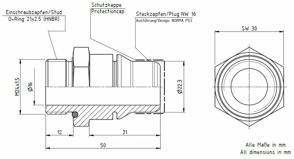 VDA Einschraub-Stecknippel NW16 M24x1,5 Alu