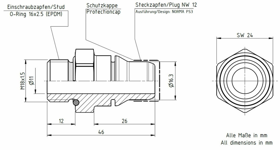 VDA Einschraubstutzen Stecknippel 12-M18x1,5 Alu