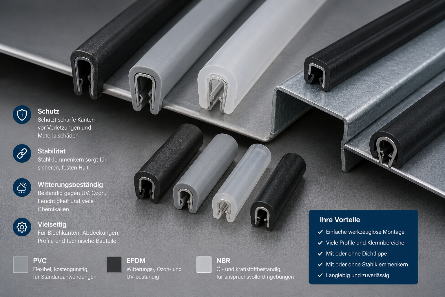 Kantenschutzprofile aus PVC, EPDM, NBR und Silikon mit Stahlklemmkern f&uuml;r Blechkanten