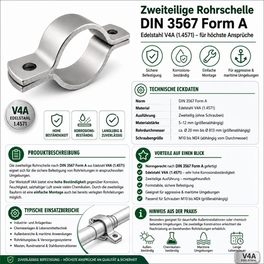 Bild 1 von Zweiteilige Rohrschelle DIN 3567 Form A – Edelstahl V4A für höchste Ansprüche