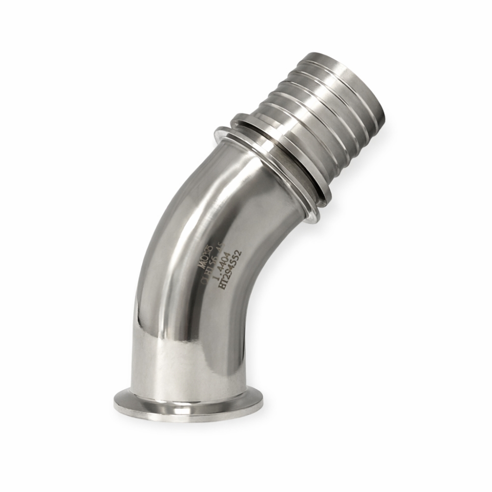 Bild 1 von Clamp-Kupplung DIN 32676 – 45° Rillenstutzen mit Sicherungsbund – Edelstahl 1.4404  / (Durchmesser x Stutzen) 54 x 61 mm