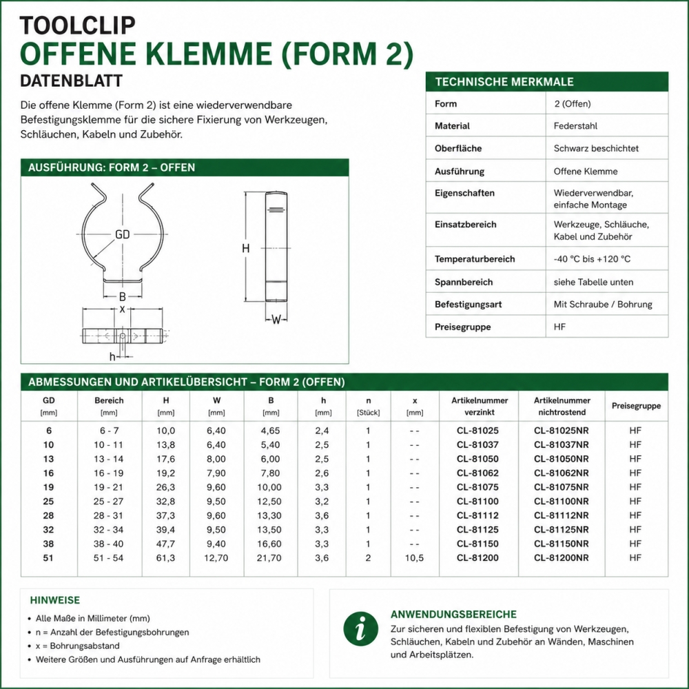 Bild 1 von Offene Federstahlklammer Tool Clip, schwarz beschichtet  / (Spannbereich) 10 - 12 mm