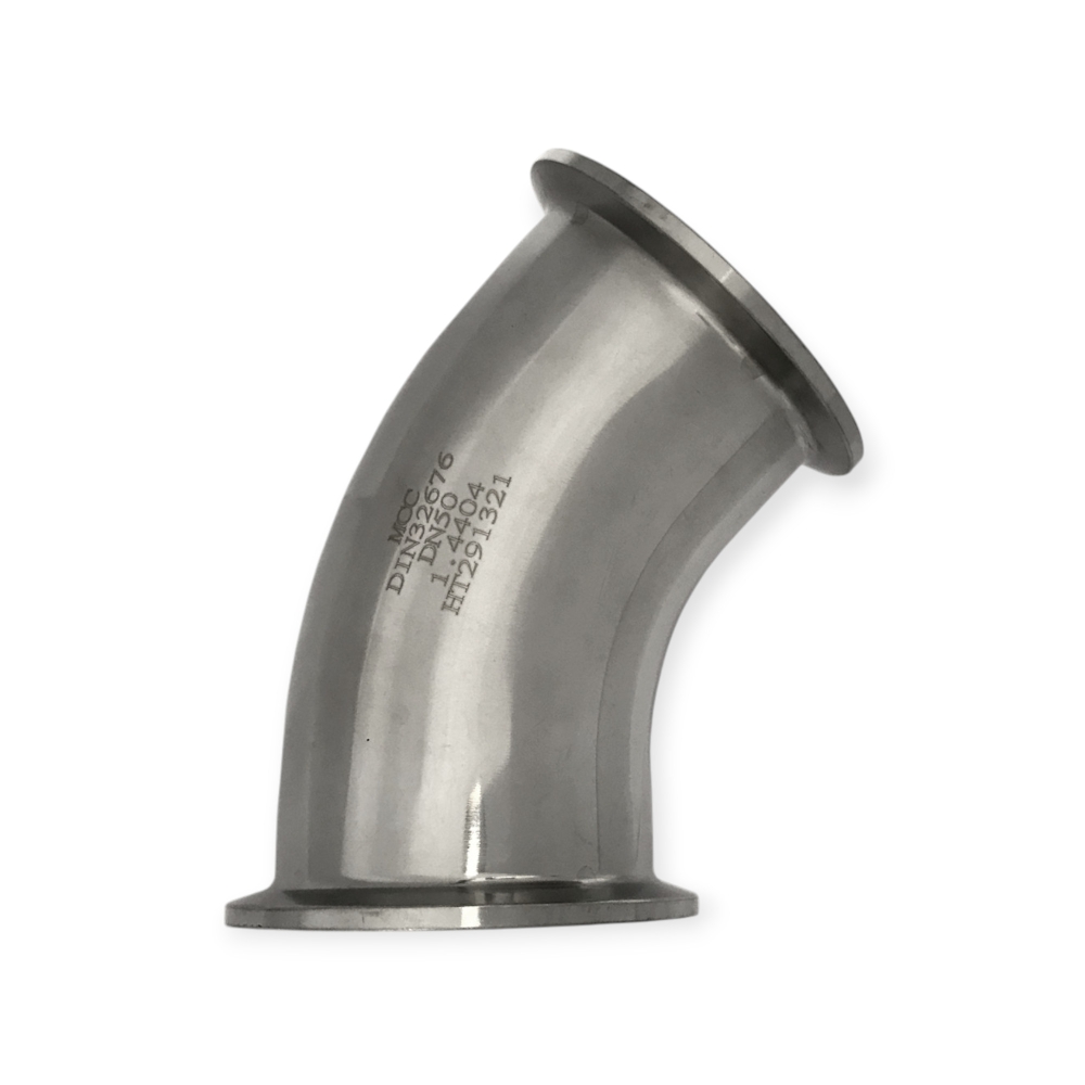 Bild 1 von Clampbogen 45° – beidseitige Clamp-Kupplung nach DIN 32676 – Edelstahl 1.4404  / (Nennweite x Scheibe) DN32 x 50,5 mm