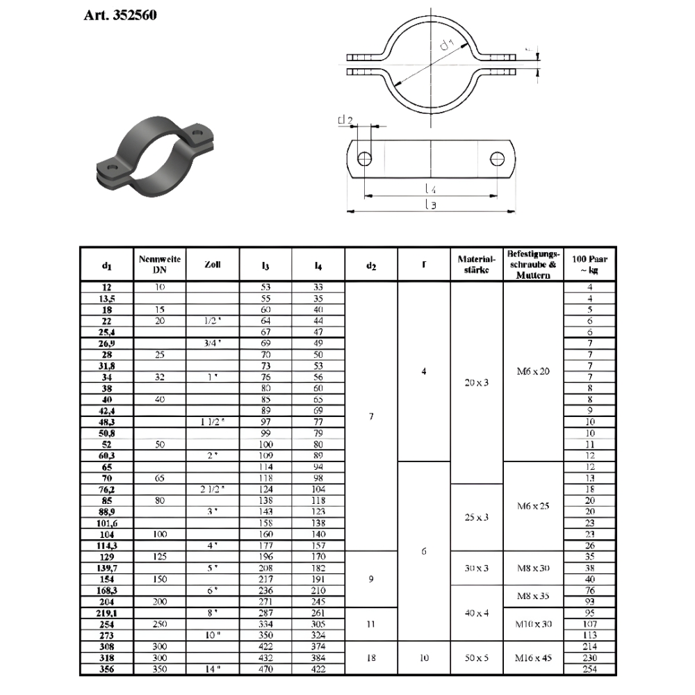 Bild 1 von Rohrschelle V2A Edelstahl zweiteilige Schelle mittelschwer  / (Klemmbereich) 37 - 40 mm