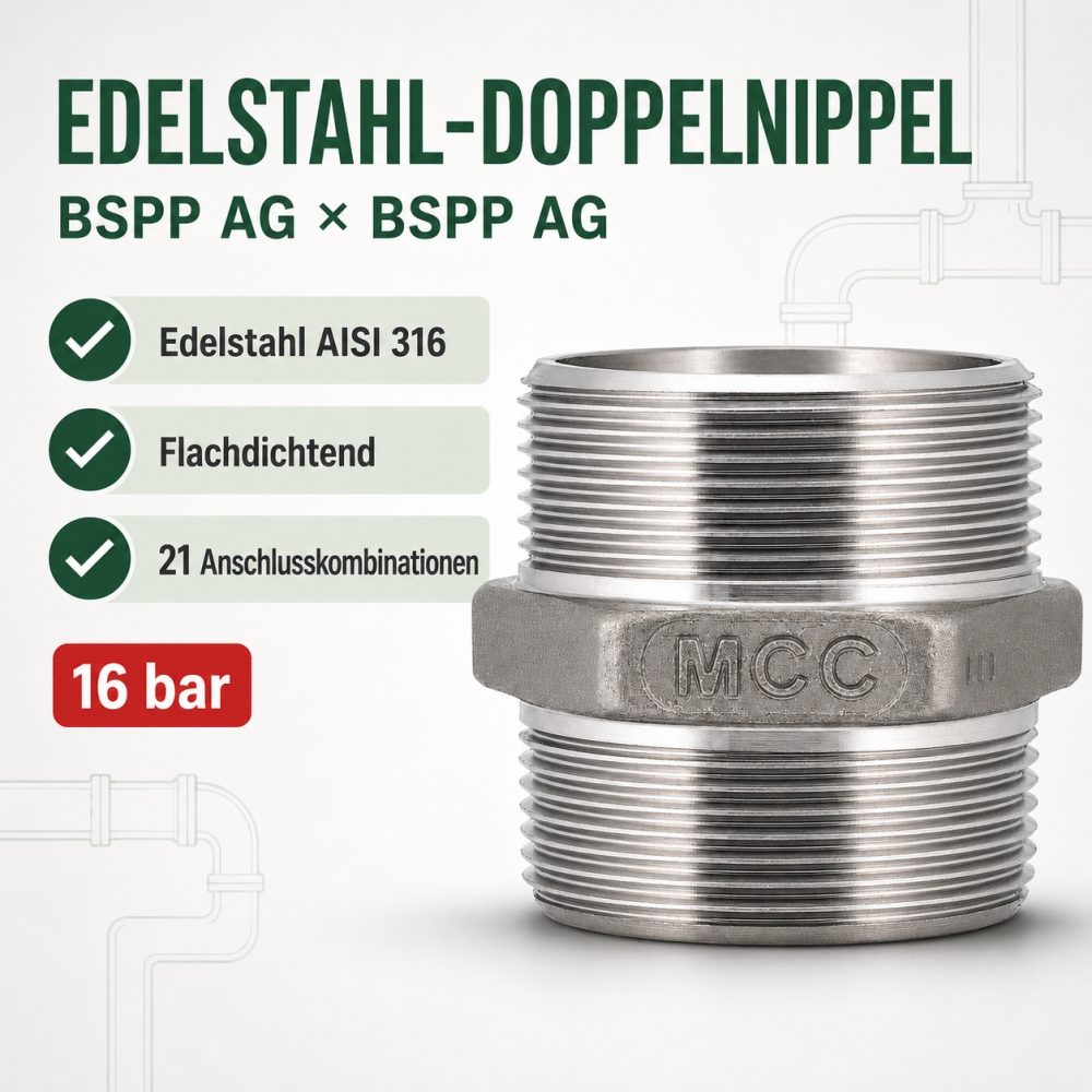 Bild 1 von Edelstahl-Doppelnippel BSPP AG x AG – flachdichtend  / (Größe:) 3