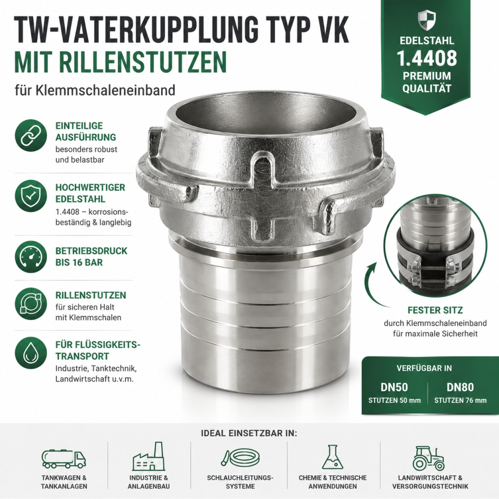 Bild 1 von TW-Vaterkupplung Typ VK mit Rillenstutzen für Klemmschaleneinband Edelstahl 1.4408
